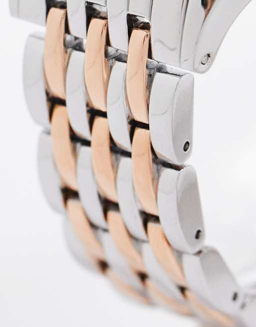 ASOS DESIGN slim bracelet watch in with brown face in silver and rose gold, 2 of 4