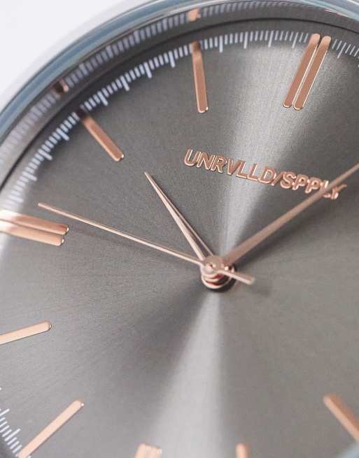 ASOS DESIGN slim bracelet watch in with brown face in silver and rose gold, 3 of 4