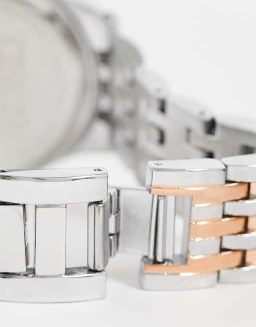 ASOS DESIGN slim bracelet watch in with brown face in silver and rose gold, 4 of 4