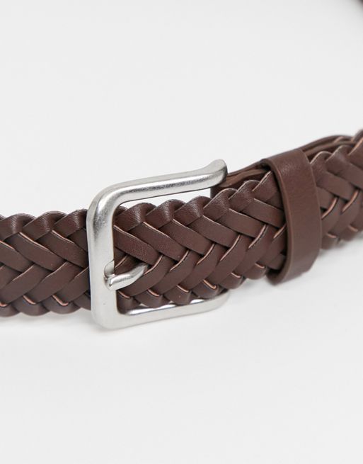 ASOS DESIGN leather skinny braided belt in black