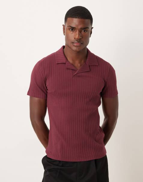 ASOS DESIGN slim camp-collar polo shirt in burgundy wide rib knit - view 1