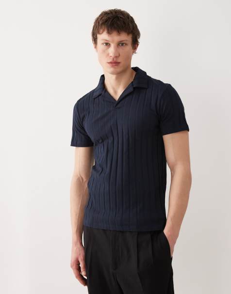 ASOS DESIGN slim camp collar polo shirt in navy wide rib knit - view 1