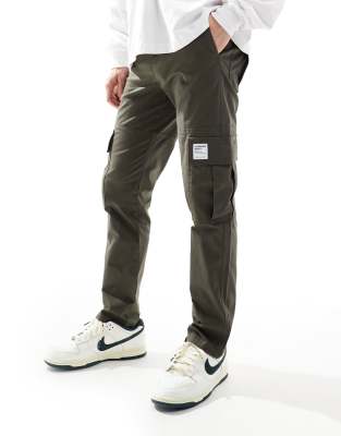 Asos Design Slim Cargo Pants In Dark Khaki With Patch-green