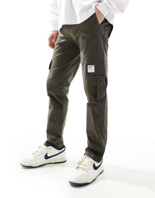 slim cargo pants in dark khaki with patch-Green