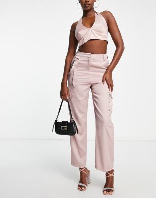 Asos Design Slim Cargo Pants In Mauve Satin - Part Of A Set-gold