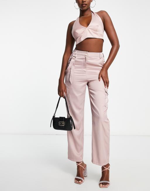 ASOS DESIGN slim cargo pants in mauve satin - part of a set