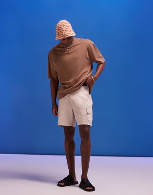 Asos Design Slim Cargo Shorts In Neutral Linen Texture