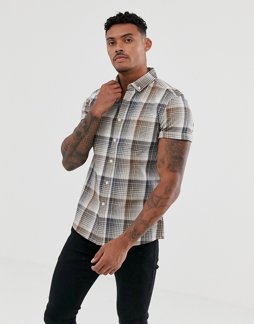ASOS DESIGN slim check shirt in ecru and brown-White