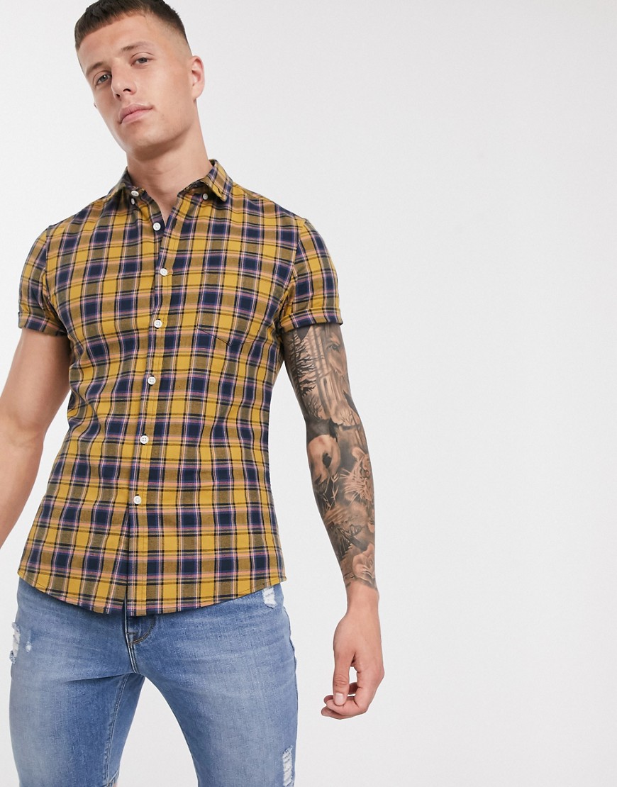 ASOS DESIGN slim check shirt in mustard-Yellow