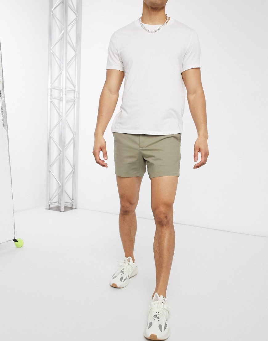 ASOS DESIGN slim chino shorter shorts in light khaki-Green