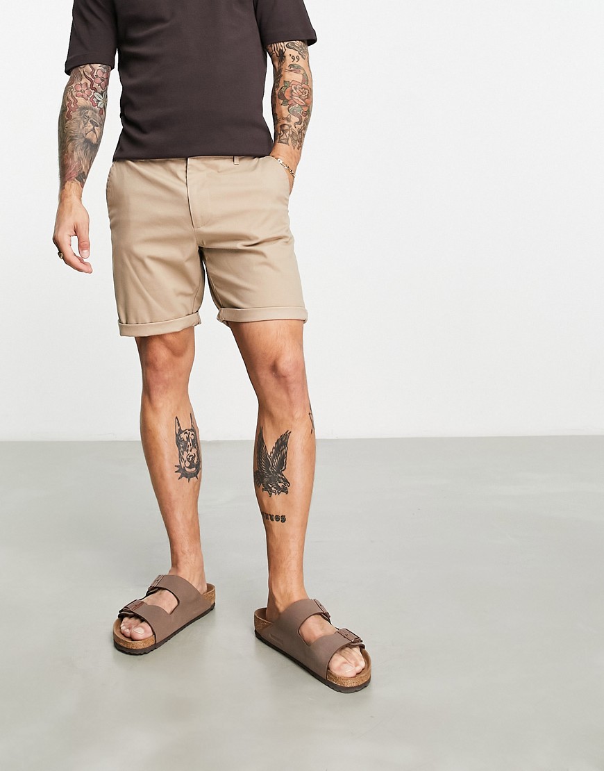 ASOS DESIGN slim chino shorts in mid length stone-Neutral