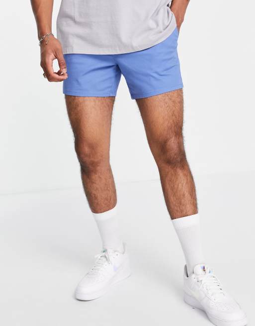 ASOS DESIGN slim chino shorts in shorter length in blue 