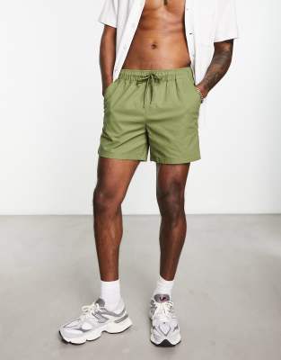 Shop Asos Design Slim Chino Shorts In Shorter Length In Dark Khaki-green