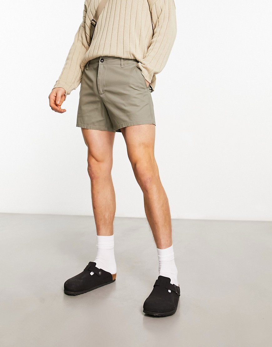 ASOS DESIGN slim chino shorts in shorter length in light khaki-Green