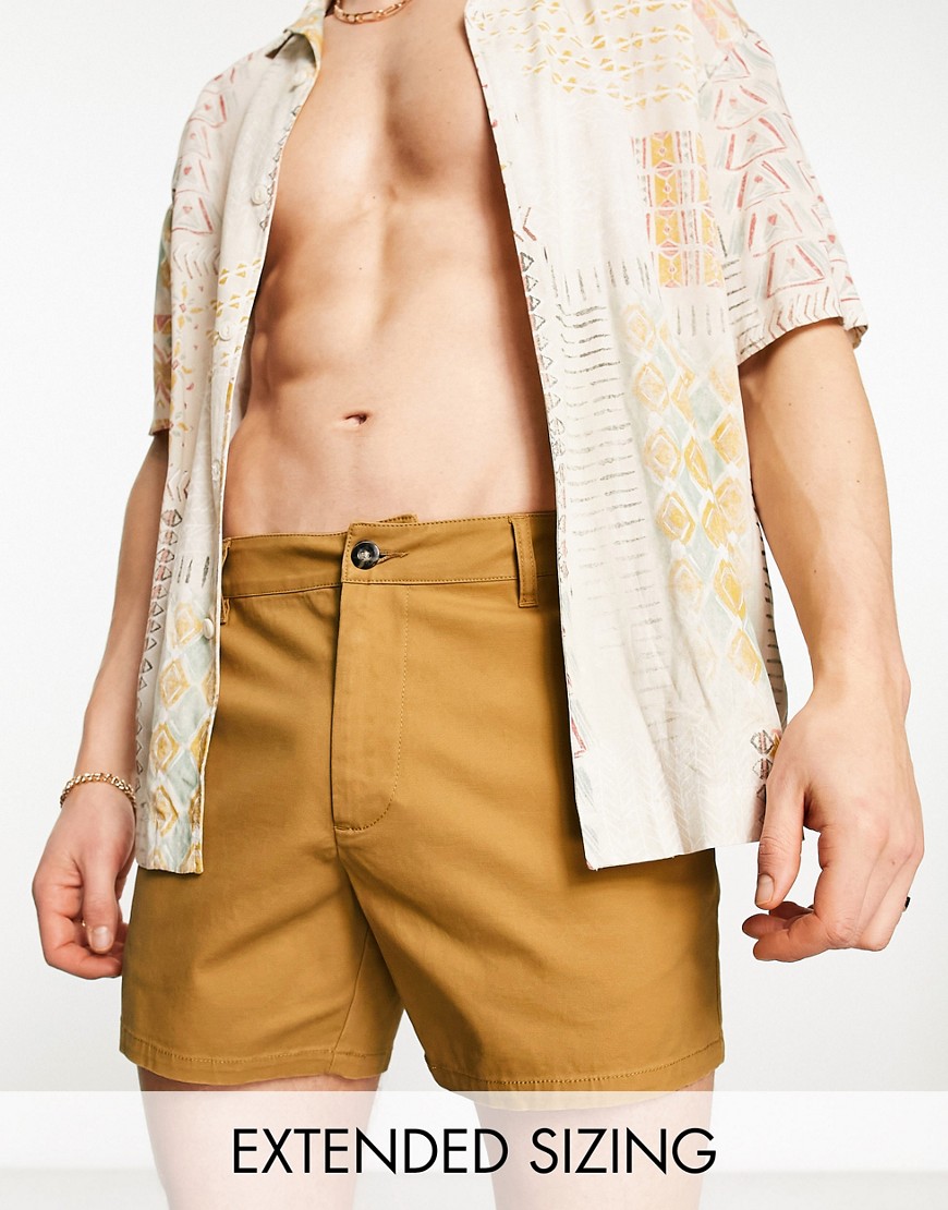 ASOS DESIGN slim chino shorts in shorter length in tan-Brown