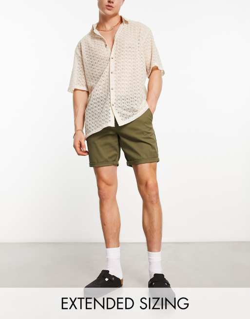 ASOS DESIGN slim chino shorts with rolled hem in regular length in khaki 