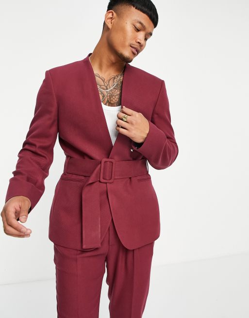 ASOS DESIGN slim collarless belted suit jacket and tapered suit pants in burgu, 3 of 3