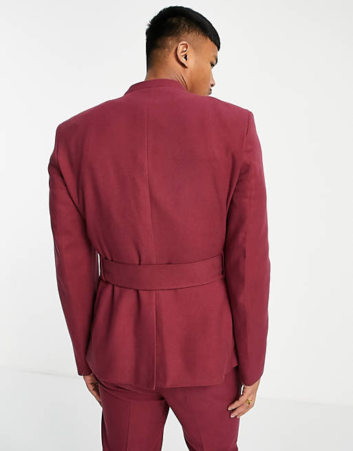  slim collarless belted suit jacket in burgundy 