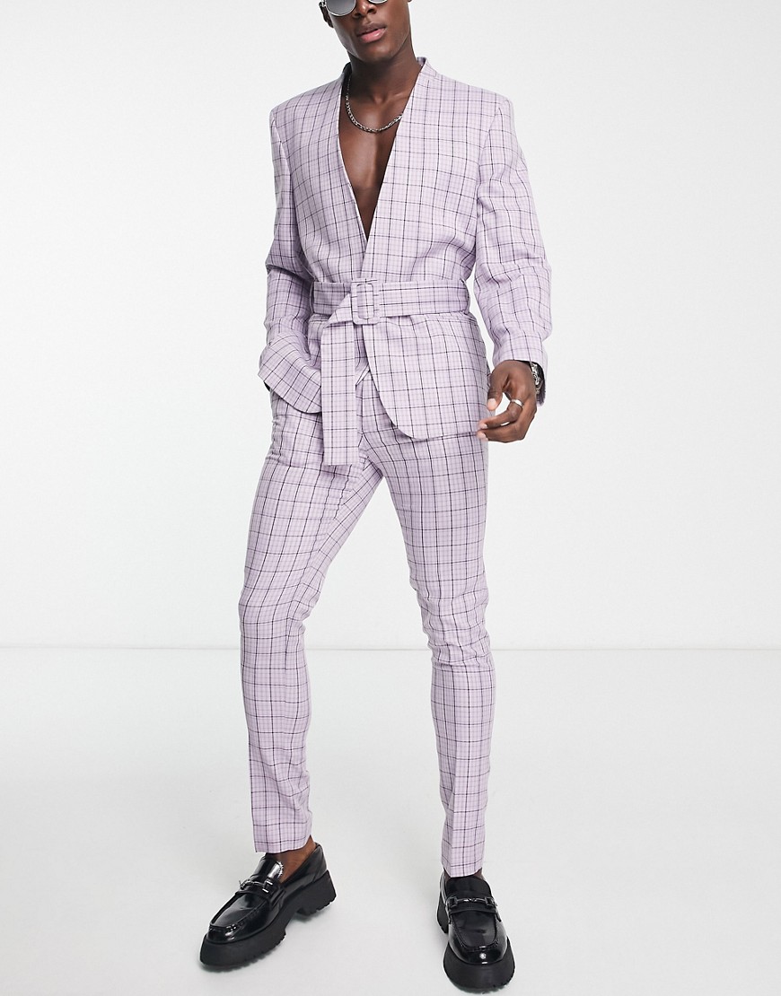 ASOS DESIGN slim collarless belted suit jacket in light lilac check-Purple