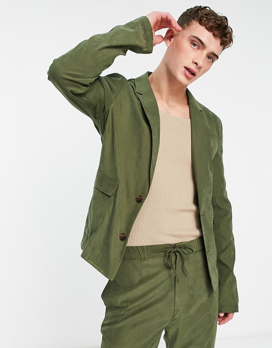 ASOS DESIGN slim commuter suit jacket in olive faux suede-Neutral