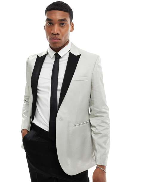 ASOS DESIGN slim contrast lapel tuxedo suit jacket in black and silver - view 1