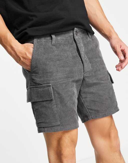 ASOS DESIGN slim cord shorts with cargo pockets in charcoal