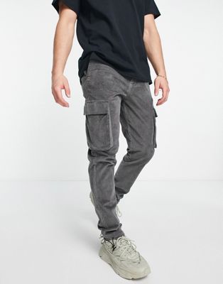 ASOS DESIGN slim cord trousers with cargo pockets in charcoal
