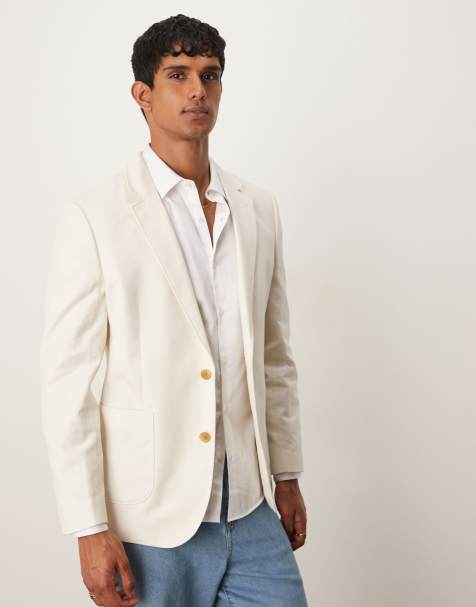 ASOS DESIGN slim cotton linen blend blazer in ecru - view 1