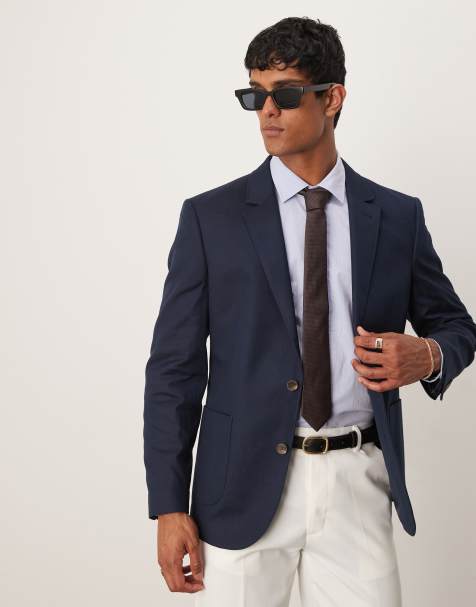 ASOS DESIGN slim cotton linen blend blazer in navy - view 1