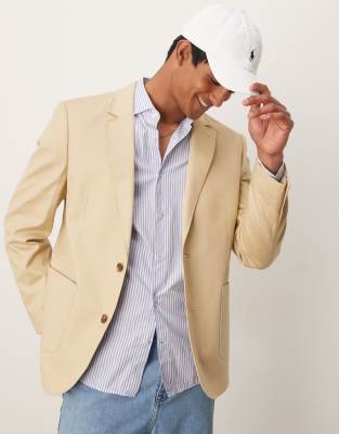 slim cotton linen blend blazer in stone-Neutral