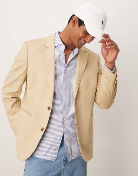 ASOS DESIGN slim cotton linen blend blazer in stone - view 1