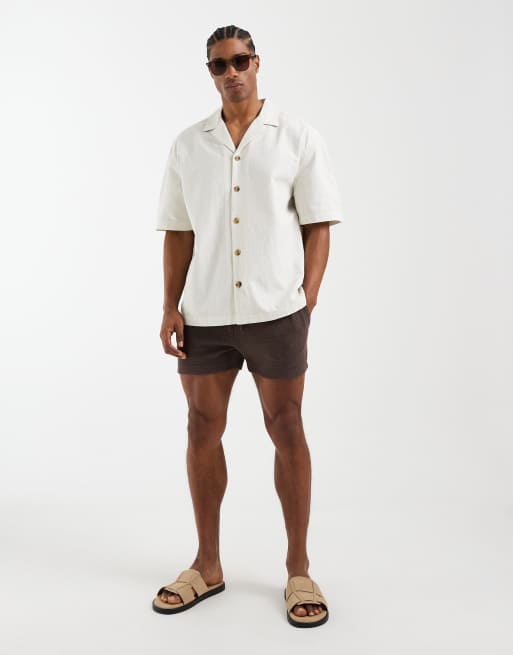 ASOS DESIGN slim crepe textured jersey shorts in brown, 3 of 5
