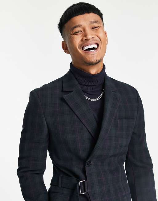 ASOS DESIGN slim crop jacket in green black watch tartan with strap detail ASOS