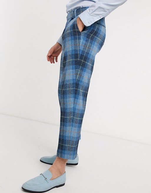 ASOS DESIGN slim crop smart trousers in 100% wool Harris Tweed check in blue