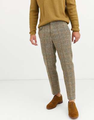 ASOS DESIGN slim crop smart trousers in 100% wool Harris Tweed in brown twill check