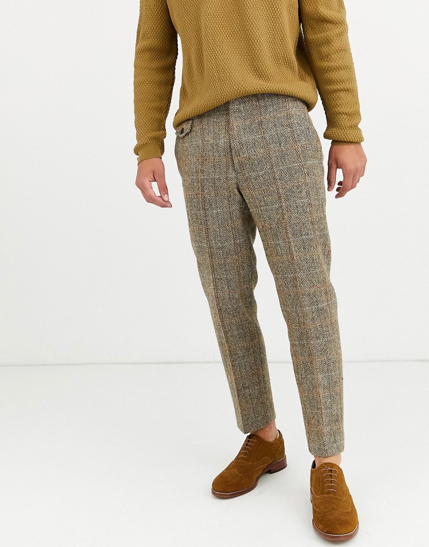 ASOS DESIGN slim crop smart trousers in 100% wool Harris Tweed in brown twill check
