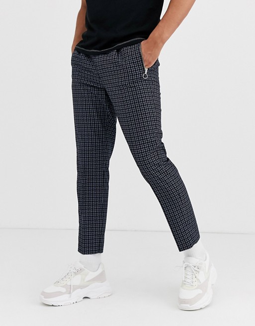ASOS DESIGN slim crop smart trousers in black micro check with zip pockets