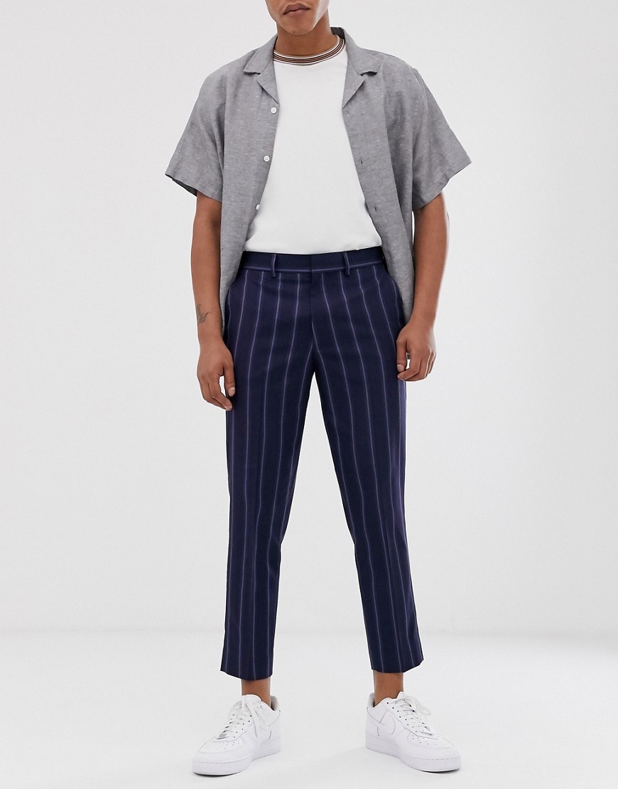 ASOS DESIGN slim crop trousers in navy with stripe