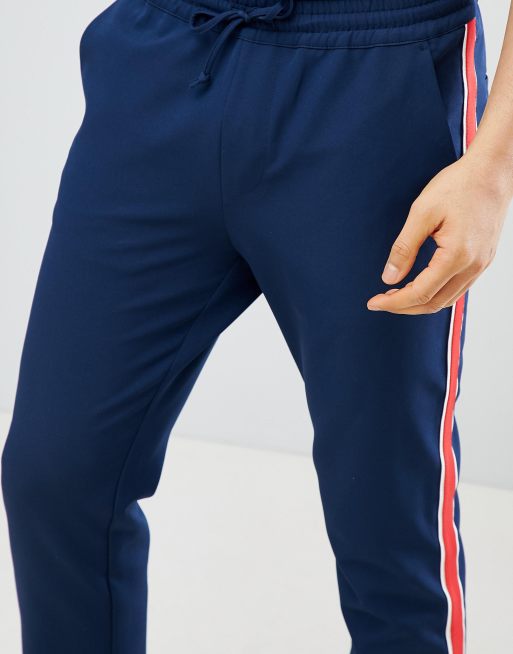 ASOS DESIGN Slim Cropped Pants In Navy With Red Side Stripe ASOS