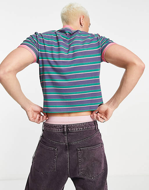 Men slim cropped stripe ringer t-shirt in purple with New York city print 