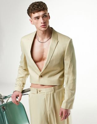 ASOS DESIGN slim cropped suit jacket in butter yellow satin