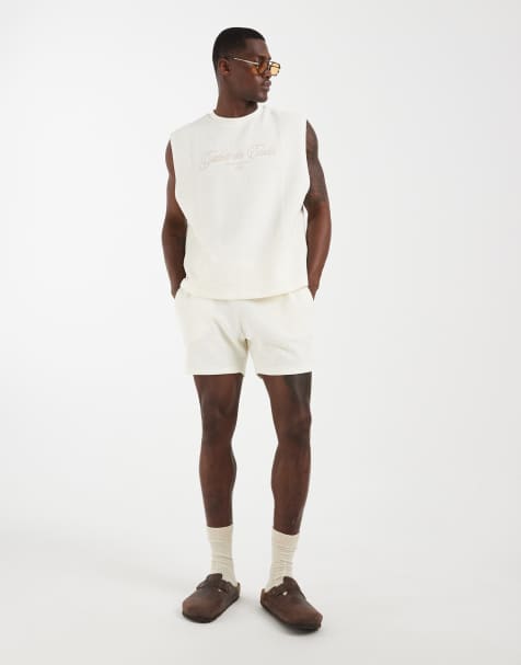 ASOS DESIGN slim crosshatch textured jersey short co-ord in cream - view 1