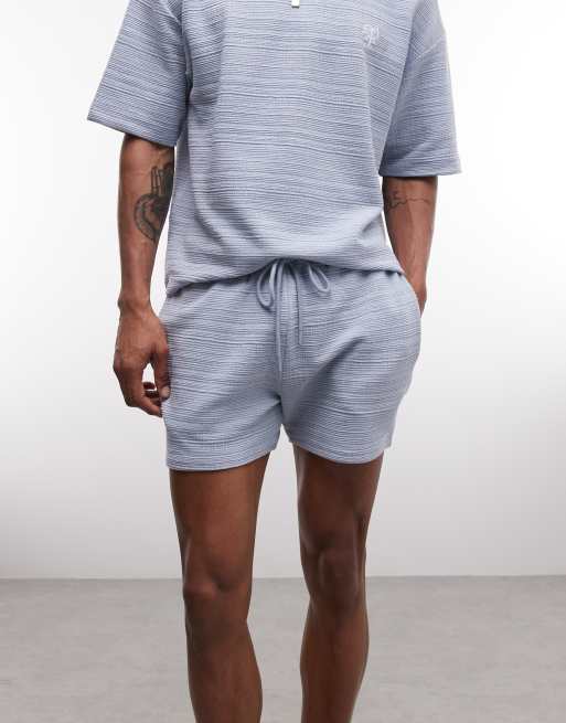 ASOS DESIGN slim crosshatch textured jersey short in light blue, 2 of 5