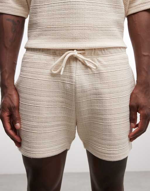 ASOS DESIGN slim crosshatch textured jersey short in neutral, 4 of 5