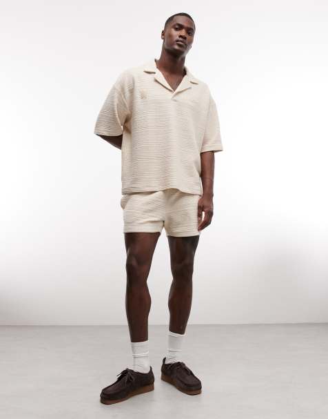 ASOS DESIGN slim crosshatch textured jersey shorts in neutral - view 1