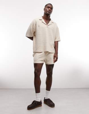 Asos Design Slim Crosshatch Textured Shorts In Neutral
