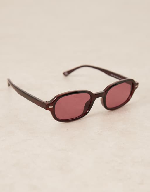 ASOS DESIGN slim curved rectangle sunglasses in burgundy with burgundy lens, 2 of 3
