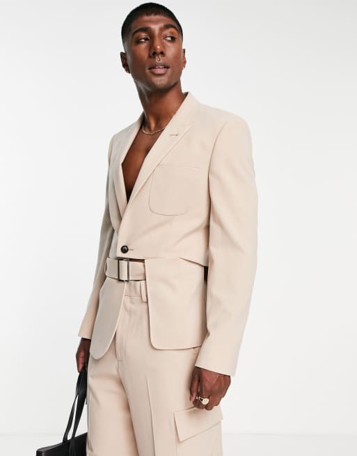 ASOS DESIGN slim cut out suit jacket in stone