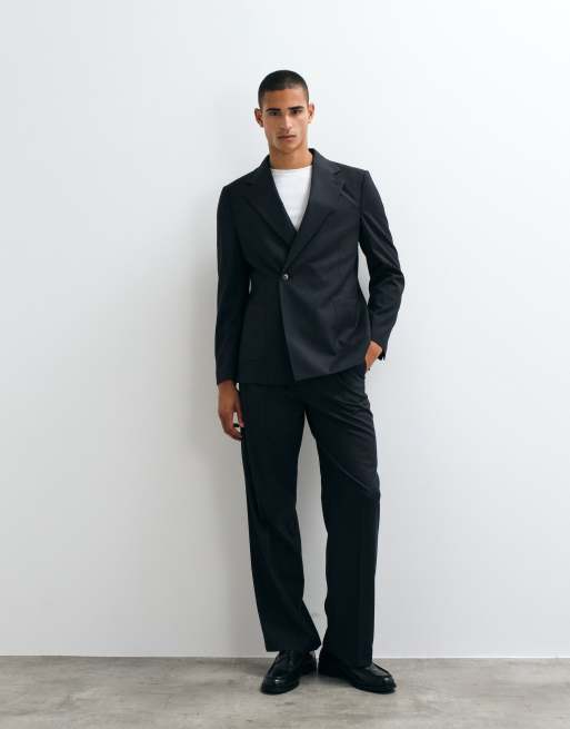 ASOS DESIGN slim denim look double breasted suit jacket in black washable wool look, 2 of 5