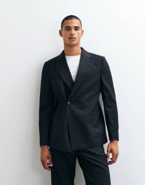 ASOS DESIGN slim denim look double breasted suit jacket in black washable wool